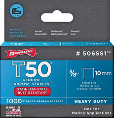 Arrow T50 Series 506SS1 Staple, For: HT 50A, T50, T5 Stapler, 3/8 in W Crown, 3/8 in L Leg