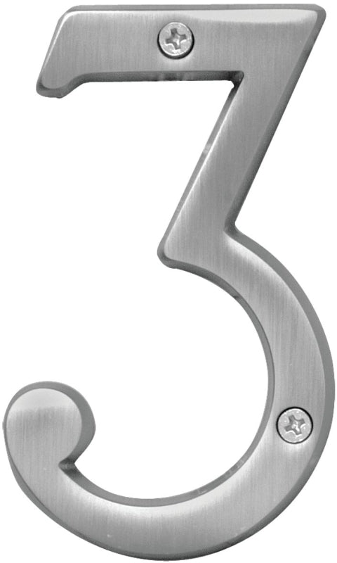 Hy-Ko Prestige Series BR-43SN/3 House Number, Character: 3, 4 in H Character, Nickel Character, Brass