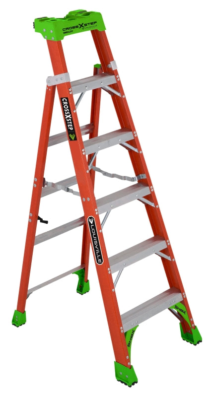 Louisville FXS1506 Cross Step Ladder, 6 ft H, Type IA Duty Rating, Fiberglass, 300 lb, 6-Step, 124 in Max Reach