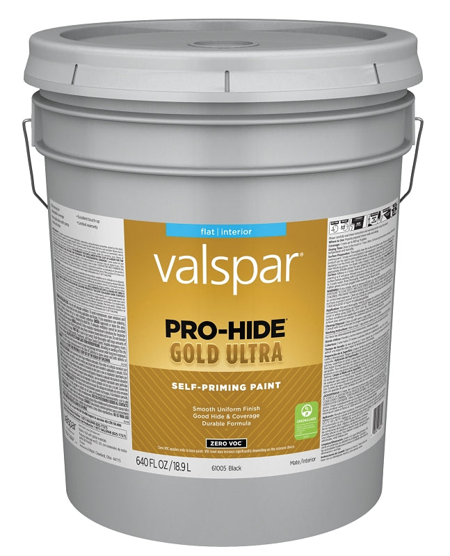 Valspar Pro-Hide Gold Ultra 6100 028.0061005.008 Latex Paint, Acrylic Base, Flat, Black, 5 gal, Plastic Pail