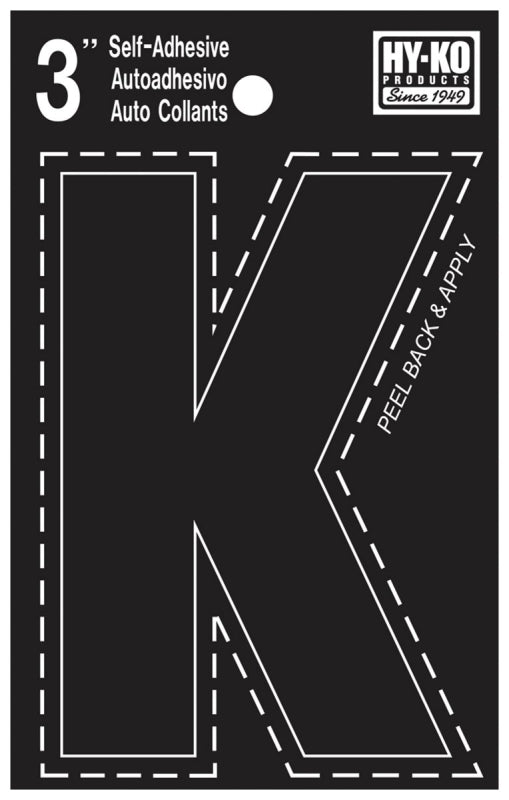 Hy-Ko 30400 Series 30421 Die-Cut Letter, Character: K, 3 in H Character, Black Character, Vinyl