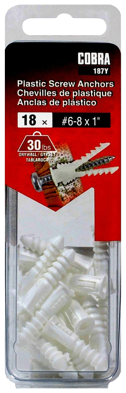 Cobra Anchors 187Y Screw Anchor, 1 in L, Plastic, 100 lb, 18/PK