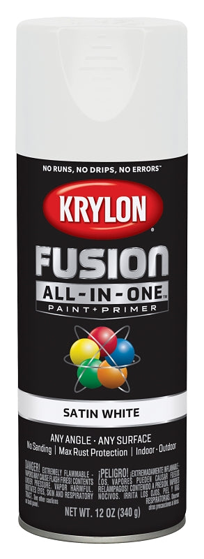Krylon K02753007 Spray Paint, 12 oz Can, 25 sq-ft Coverage Area, Acrylic Base, Satin, White, Exterior, Interior