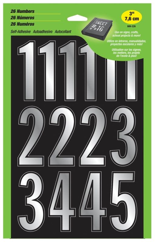 Hy-Ko MM-33N Prism Number Set, 3 in H Character, Silver Character, Vinyl