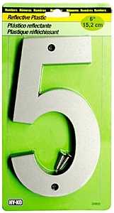 Hy-Ko 30800 Series 30805 Reflective Sign, Character: 5, 6 in H Character, Black/Silver Character, Plastic