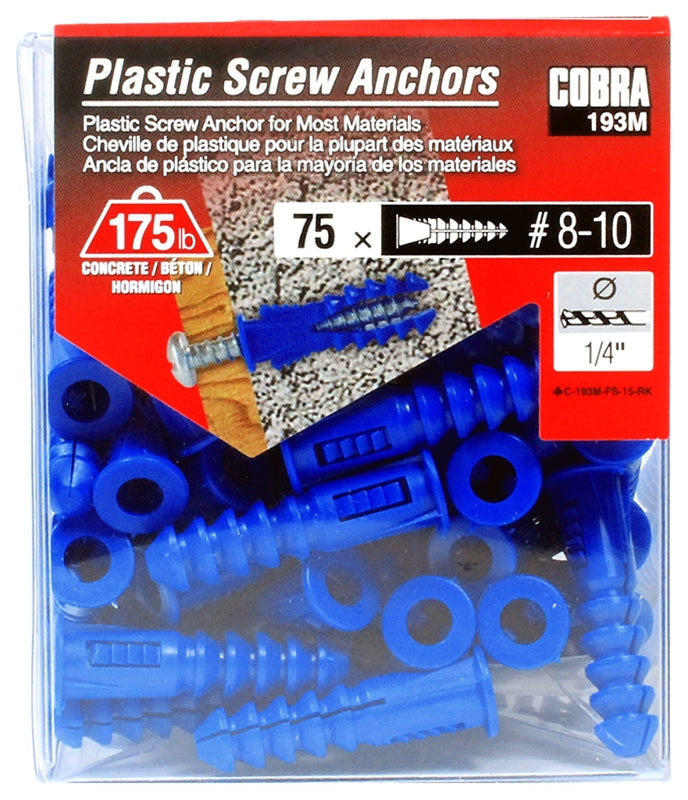 Cobra Anchors 193M Screw Anchor, 1-1/4 in L, Plastic, 175 lb, 75/PK