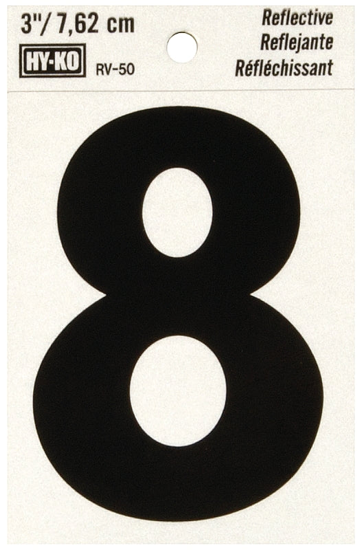 Hy-Ko RV-50/8 Reflective Sign, Character: 8, 3 in H Character, Black Character, Silver Background, Vinyl