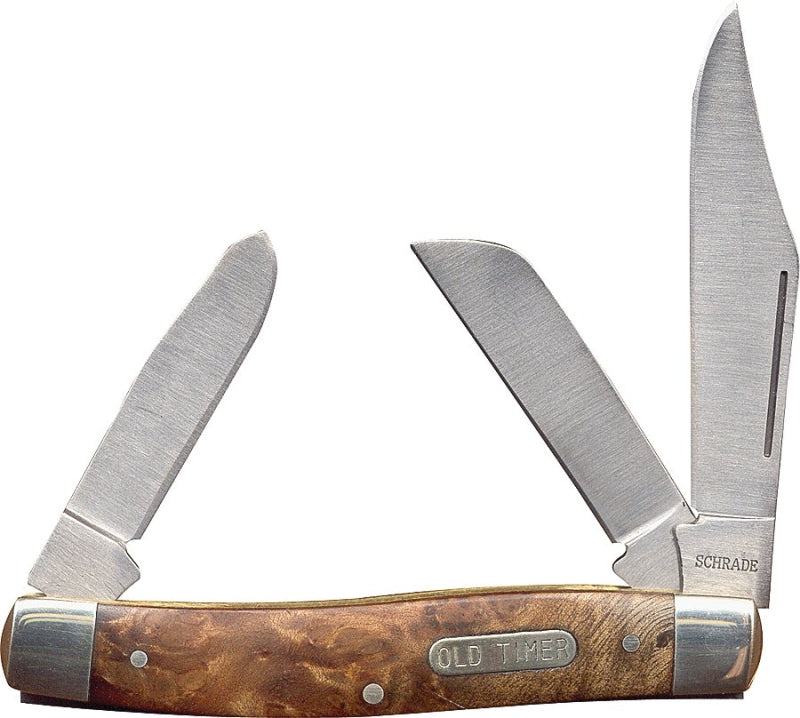 Old Timer 8OTW Folding Pocket Knife, Clip Point, Sheep Foot and Spey with Nail Pull Blade, 6.9 in OAL, Wood Handle