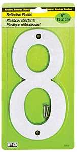 Hy-Ko 30800 Series 30808 Reflective Sign, Character: 8, 6 in H Character, Black/Silver Character, Plastic