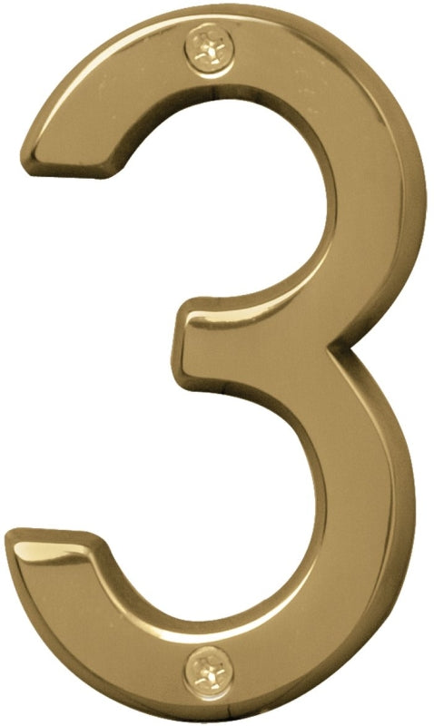 Hy-Ko Prestige Series BR-42PB/3 House Number, 2.938 in W x 6.875 in H Dimensions, Character: 3, 4 in H Character, Brass