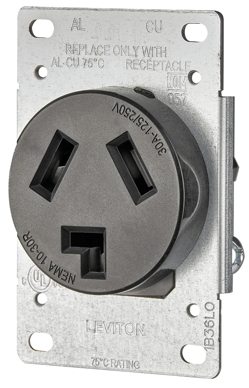 Leviton R20-05207-S10 Electrical Receptacle, Flush Mounting, 3 -Pole, 125/250 V, 30 A, NEMA: NEMA 10-30R, Black