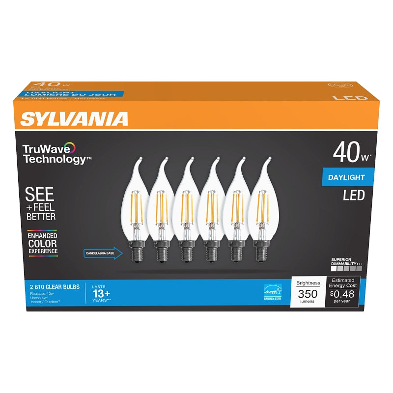 Sylvania Natural Series 41320 LED Bulb, 120 V, 4 W, B10 Lamp, 40 W Equivalent, E12 Candelabra Lamp Base, Dimmable