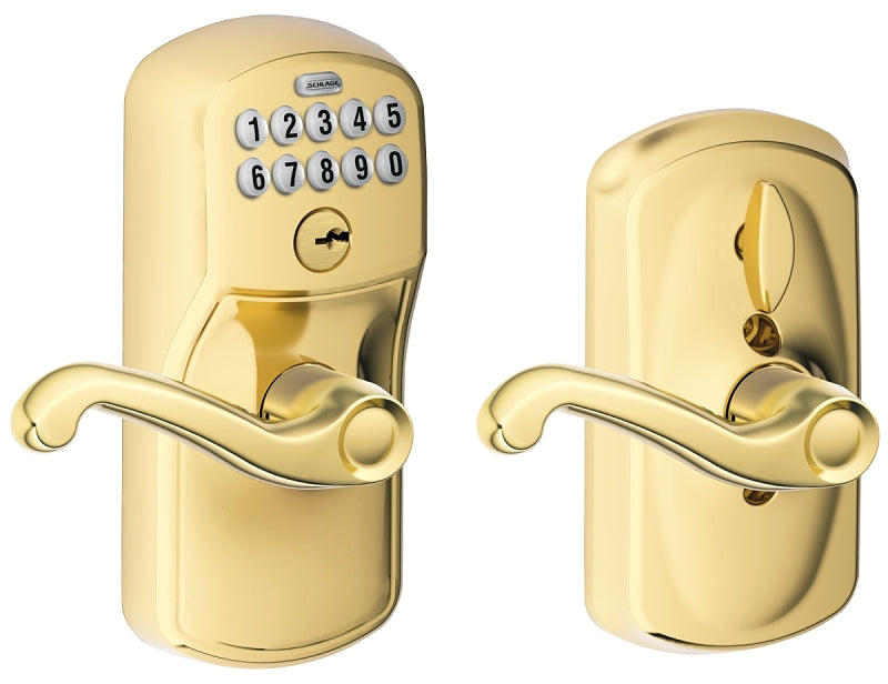 Schlage FE Series FE595 PLY 505 FLA Electronic Entry Lock, Wave Design, Bright Brass, Residential, 2 Grade, Metal, Yes