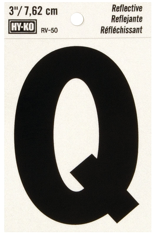 Hy-Ko RV-50/Q Reflective Letter, 2-1/2 in W x 4 in H Dimensions, Character: Q, 3 in H Character, Black Character, Vinyl