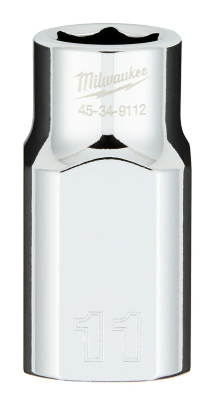 Milwaukee 45-34-9112 Socket, 11 mm Socket, Standard Socket, 0.85 in OAL, 1/2 in Drive, 6 -Point, Chrome Vanadium Steel