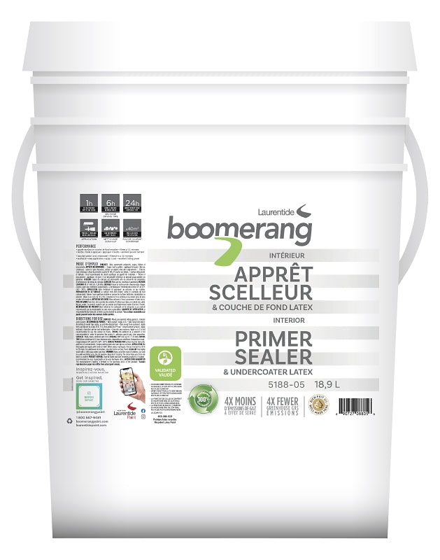 Boomerang 5188-05L34 Latex Primer, Water Base, Flat, White, 18.9 L, Pail