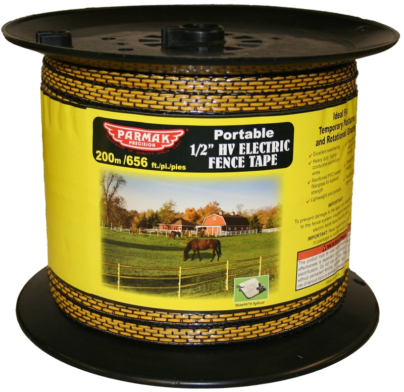 Parmak Equi-Tape 129 Series HV Electric Fence Tape, 656 ft L x 1/2 in W Dimensions, Heavy-Duty, Aluminum, Black/Yellow