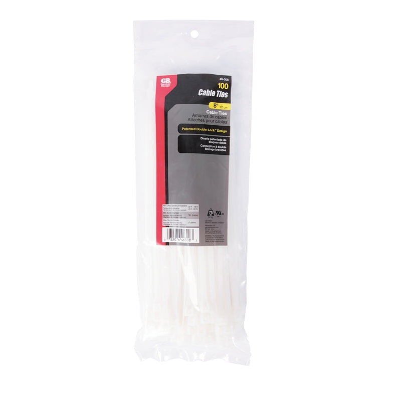 Gardner Bender 46-308 Cable Tie, 2 in Max Bundle Dia, Double-Lock Locking, 6/6 Nylon, Natural, 8 in L, 100/PK