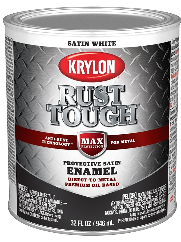 Krylon Rust Tough K09706008 Rust Preventative Paint, Satin, White, 1 qt, 400 sq-ft/gal Coverage Area