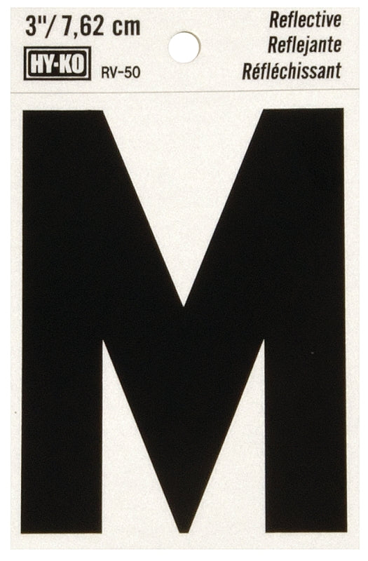 Hy-Ko RV-50/M Reflective Letter, Character: M, 3 in H Character, Black Character, Silver Background, Vinyl