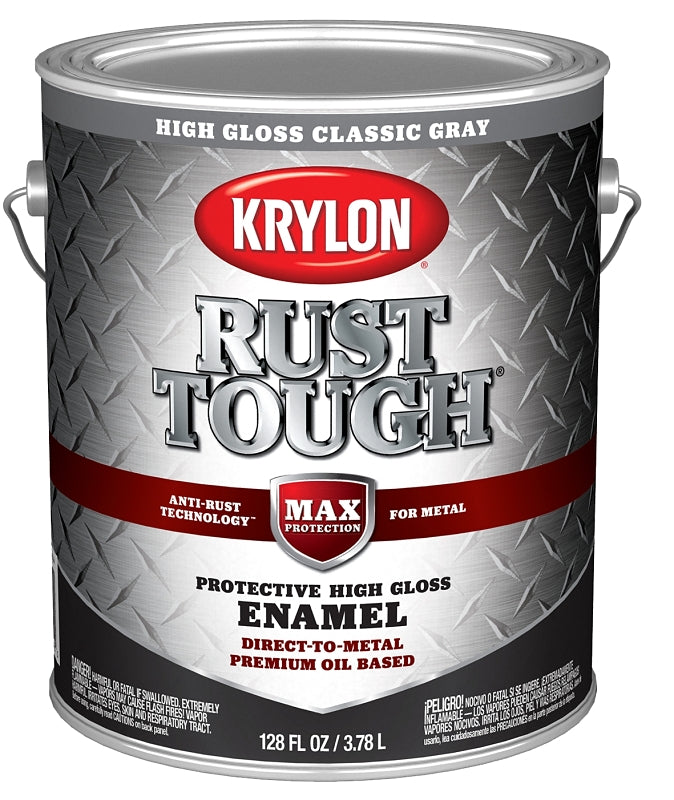 Krylon Rust Tough K09738008 Rust Preventative Paint, Gloss, Classic Gray, 1 gal, 400 sq-ft/gal Coverage Area