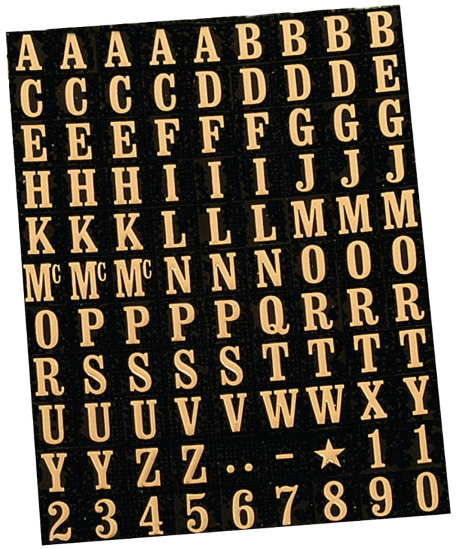 Hy-Ko MM-1 Packaged Number and Letter Set, 5/16 in H Character, Gold Character, Black Background, Mylar