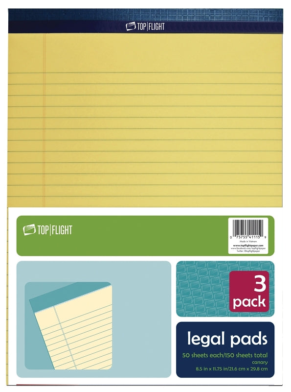 Top Flight N 11 Series 4513094 Legal Pad, 11-3/4 in L x 8-1/2 in W Sheet, 50-Sheet, Canary Yellow Sheet