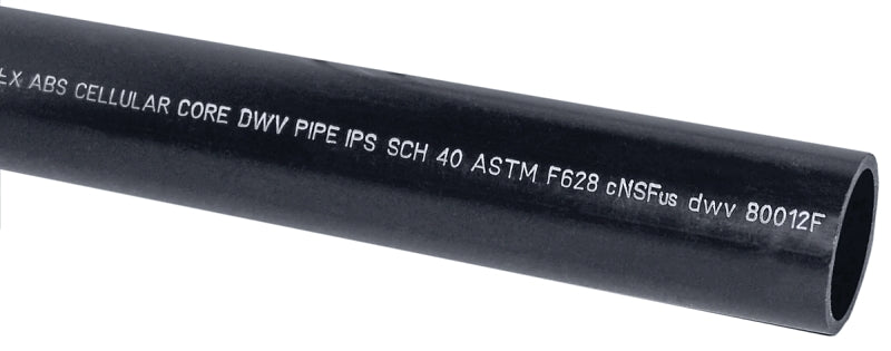 Genova 80012F Pipe, 1-1/2 in, 20 ft L, Plain, SCH 40 Schedule, ABS, Black