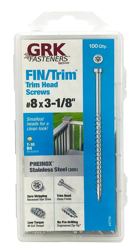 GRK Fasteners 37734 Screw, 3-1/8 in L, Trim Head, Stainless Steel, 100 PK