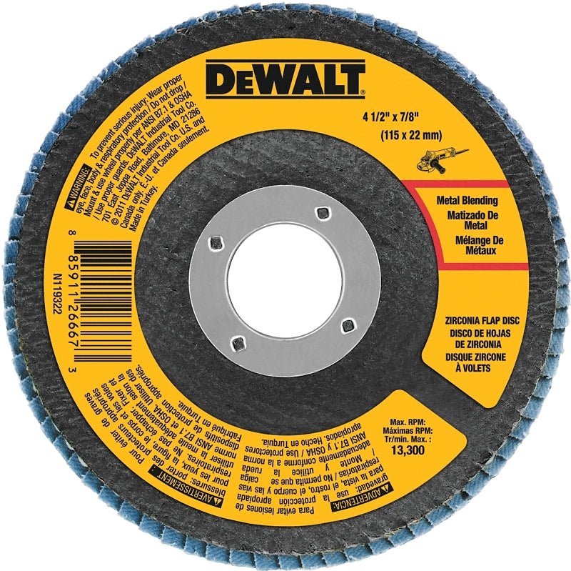 DEWALT DWA8208 Flap Disc, 4-1/2 in Dia, 7/8 in Arbor, Coated, 80 Grit, Medium, Zirconium Oxide Abrasive