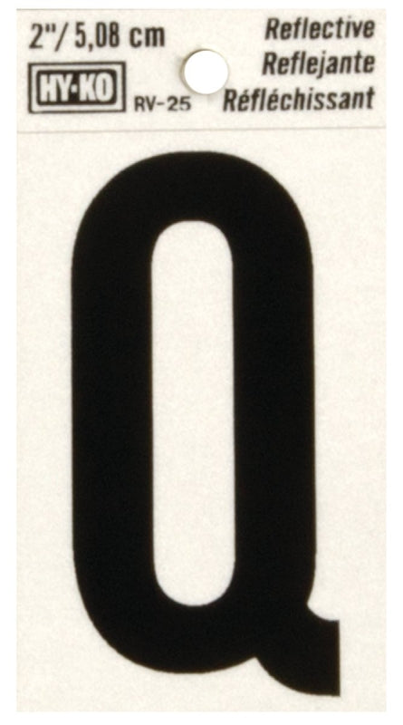 Hy-Ko RV-25/Q Reflective Letter, 1-1/2 in W x 3 in H Dimensions, Character: Q, 2 in H Character, Black Character, Vinyl