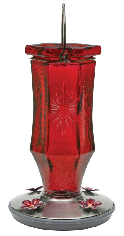Perky-Pet 8139-2 Bird Feeder, Ruby Starburst Vintage, 16 oz, 4-Port/Perch, Glass, Red, 8-1/2 in H