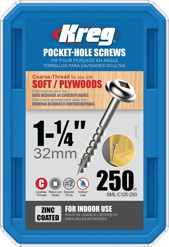 Kreg SML-C125-250 Pocket-Hole Screw, #8 Thread, 1-1/4 in L, Coarse Thread, Square Drive, Carbon Steel, 250/PK