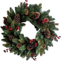 Hometown Holidays 38513 Red Cone and Berry Wreath, PVC, Wire Hook Mounting