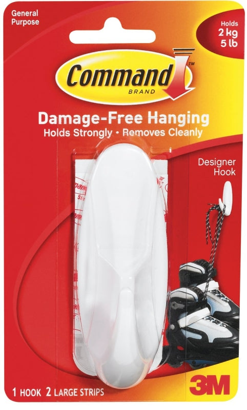 Command 17083 Large Designer Hook, 4-1/8 in L x 1-1/2 in W x 1-1/2 in H Dimensions, 3/4 in Opening, 5 lb, 1-Hook, White