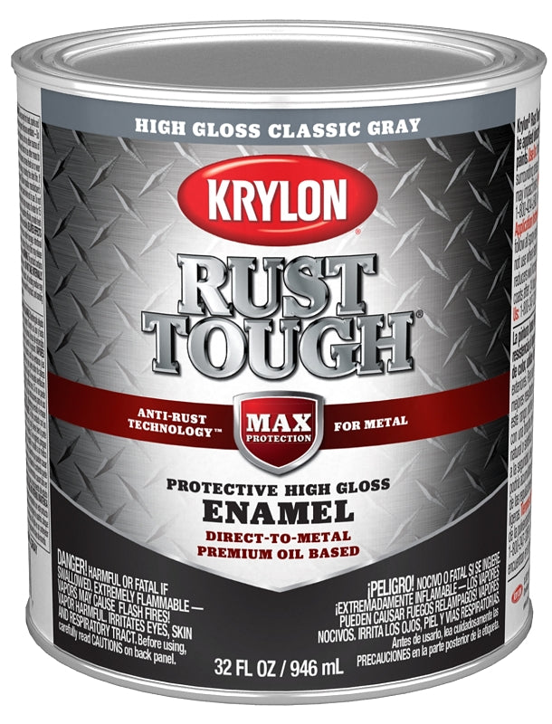 Krylon Rust Tough K09716008 Rust Preventative Paint, Gloss, Classic Gray, 1 qt, 400 sq-ft/gal Coverage Area