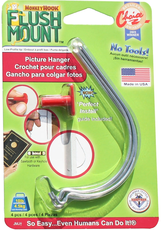 Monkey Hook Flush Mount TMH-444 Picture Hanger, 10 lb, Spring Steel, Galvanized, Silver, Flush