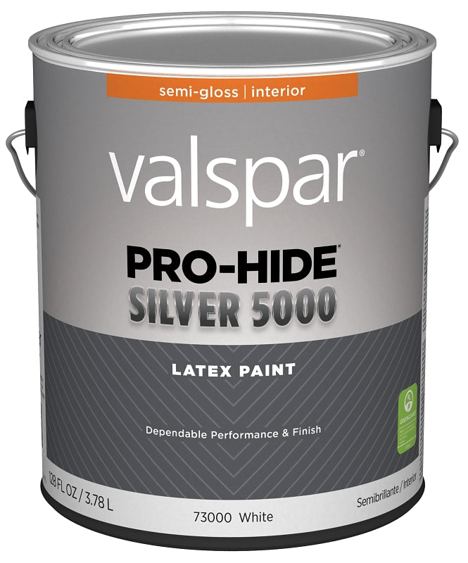 Valspar Pro-Hide Silver 5000 7300 028.0073000.007 Latex Paint, Water Base, Semi-Gloss Sheen, White Base, 1 gal