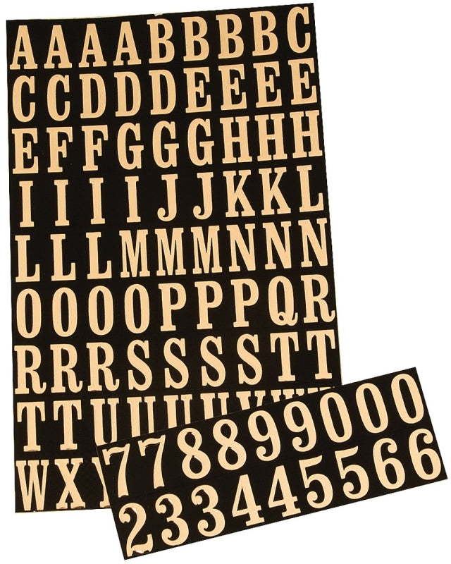 Hy-Ko MM-2 Packaged Number and Letter Set, 7/8 in H Character, Gold Character, Black Background, Mylar