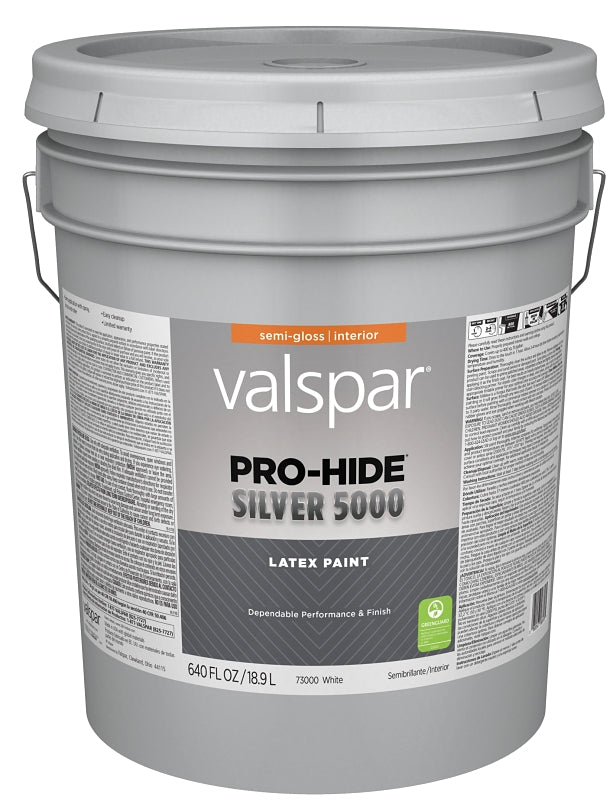 Valspar Pro-Hide Silver 5000 7300 028.0073000.008 Latex Paint, Water Base, Semi-Gloss Sheen, White Base, 5 gal