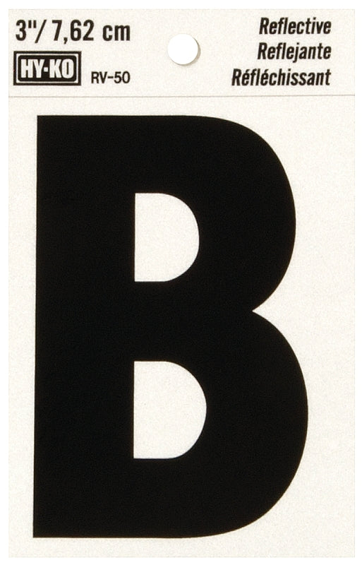 Hy-Ko RV-50/B Reflective Letter, 2-1/2 in W x 4 in H Dimensions, Character: B, 3 in H Character, Black Character, Vinyl