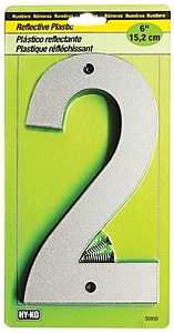 Hy-Ko 30800 Series 30802 Reflective Sign, Character: 2, 6 in H Character, Black/Silver Character, Plastic