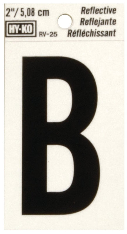 Hy-Ko RV-25/B Reflective Letter, 1-1/2 in W x 3 in H Dimensions, Character: B, 2 in H Character, Black Character, Vinyl