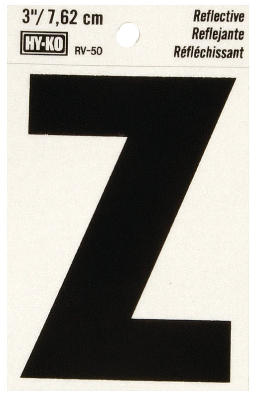 Hy-Ko RV-50/Z Reflective Letter, 2-1/2 in W x 4 in H Dimensions, Character: Z, 3 in H Character, Black Character, Vinyl