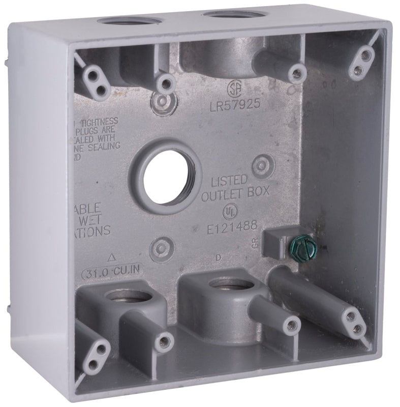 Hubbell 5337-5 Weatherproof Box, 31 cu-in, 5-Outlet, 2-Gang, Aluminum, Gray, Powder-Coated