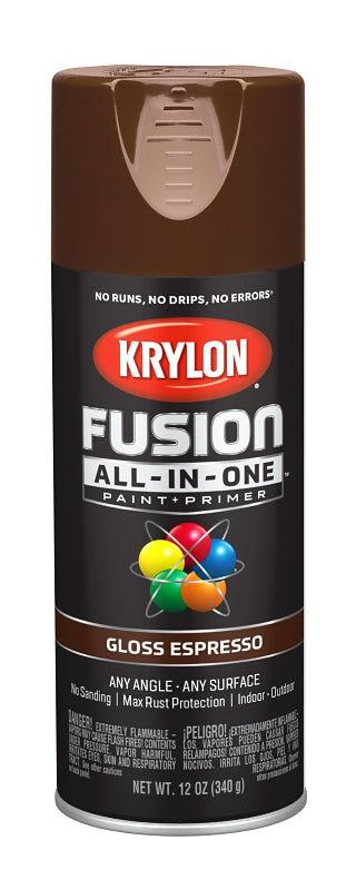 Krylon K02707007 Spray Paint, 12 oz Can, 25 sq-ft Coverage Area, Acrylic Base, Gloss, Espresso, Exterior, Interior
