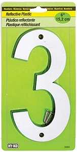 Hy-Ko 30800 Series 30803 Reflective Sign, Character: 3, 6 in H Character, Black/Silver Character, Plastic