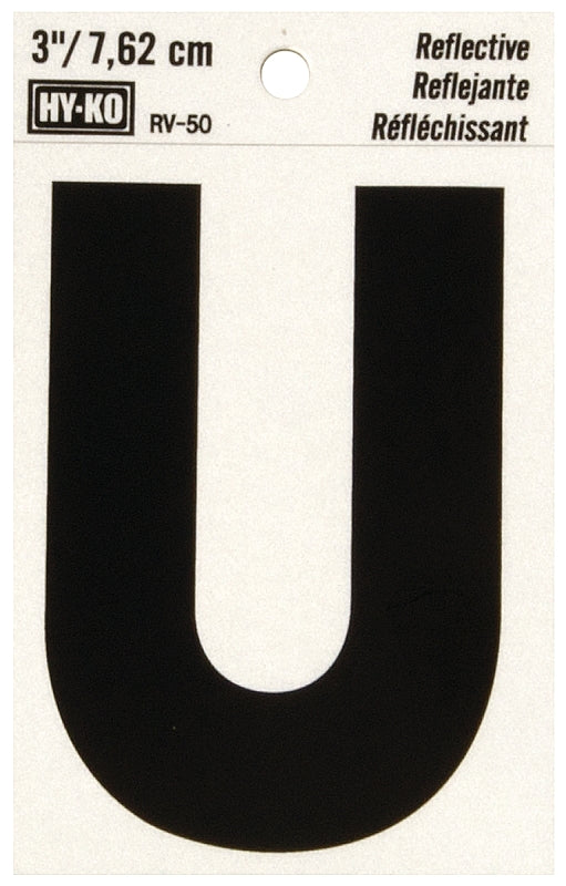 Hy-Ko RV-50/U Reflective Letter, Character: U, 3 in H Character, Black Character, Silver Background, Vinyl