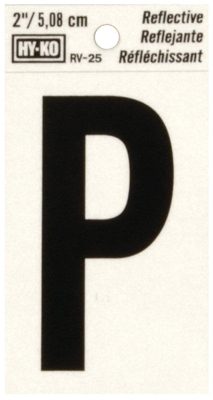 Hy-Ko RV-25/P Reflective Letter, 1-1/2 in W x 3 in H Dimensions, Character: P, 2 in H Character, Black Character, Vinyl