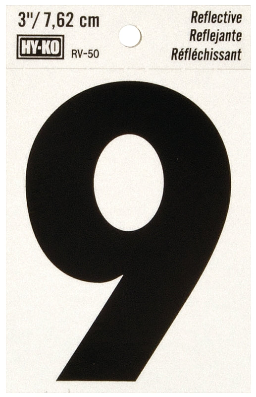 Hy-Ko RV-50/9 Reflective Sign, Character: 9, 3 in H Character, Black Character, Silver Background, Vinyl